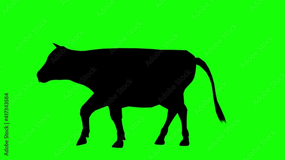 Silhouette of a cow walking, on green screen, side view. Animal silhouettes seamless loop 3D animation. Silhouette of a cow walking, on green screen, side view. Animal silhouettes seamless loop 3D animation.