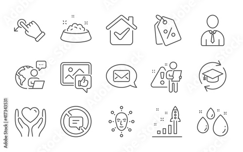 Human, Water drop and Drag drop line icons set. Stop talking, Like photo and Face biometrics signs. Development plan, Messenger and Hold heart symbols. Line icons set. Vector