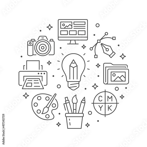 Graphic design circle poster with line icons. Vector illustration included icon as bulp, pencil, paintbrush, palette, cmyk, photo camera outline pictogram for typography flyer or brochure
