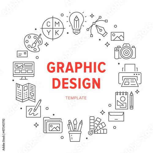 Graphic design circle poster with line icons. Vector illustration included icon as bulp, pencil, paintbrush, palette, cmyk, photo camera outline pictogram for drawing typography flyer or brochure