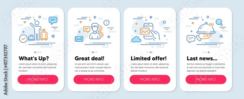 Set of People icons, such as Messenger mail, Airport transfer, People symbols. Mobile app mockup banners. Restaurant food line icons. New e-mail, Baggage reclaim, Support job. Room service. Vector