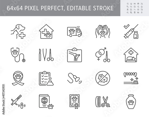 Veterinary line icons. Vector illustration include icon - stethoscope, grooming, , xray, ultrasound, vaccination, sterilization outline pictogram for vet clinic. 64x64 Pixel Perfect, Editable Stroke