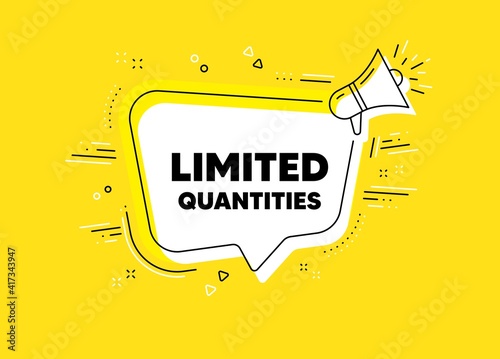Limited quantities symbol. Megaphone yellow vector banner. Special offer sign. Sale. Thought speech bubble with quotes. Limited quantities chat think megaphone message. Vector