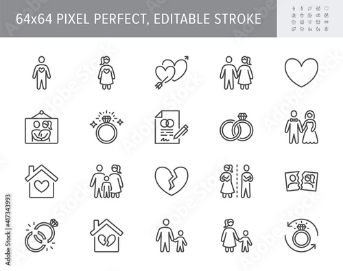 Relationship status line icons. Vector illustration include icon - husband, bachelor, wife, marriage, rings, wedding outline pictogram for marital condition. 64x64 Pixel Perfect, Editable Stroke