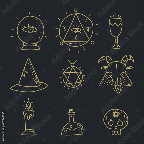 Esoteric doodle elements vector set isolated on a black background. photo