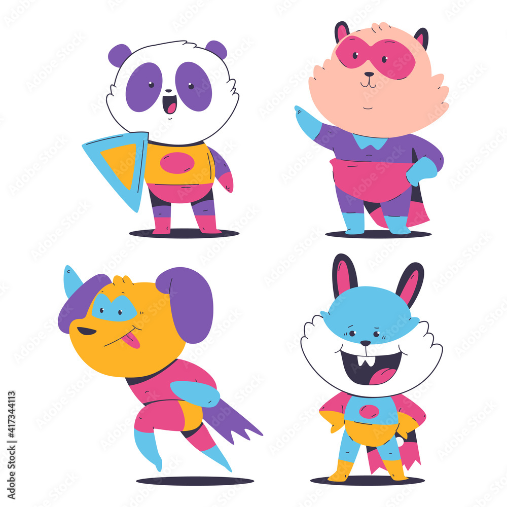 Cute superhero animals in cloak and mask vector cartoon set isolated on a white background. Cute superhero animals in cloak and mask vector cartoon set isolated on a white background.