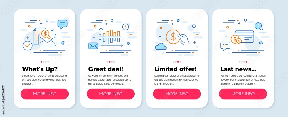 Set of Finance icons, such as Payment, Diagram chart, Accounting report symbols. Mobile screen banners. Payment method line icons. Usd coin, Presentation graph, Check finance. Payment icons. Vector
