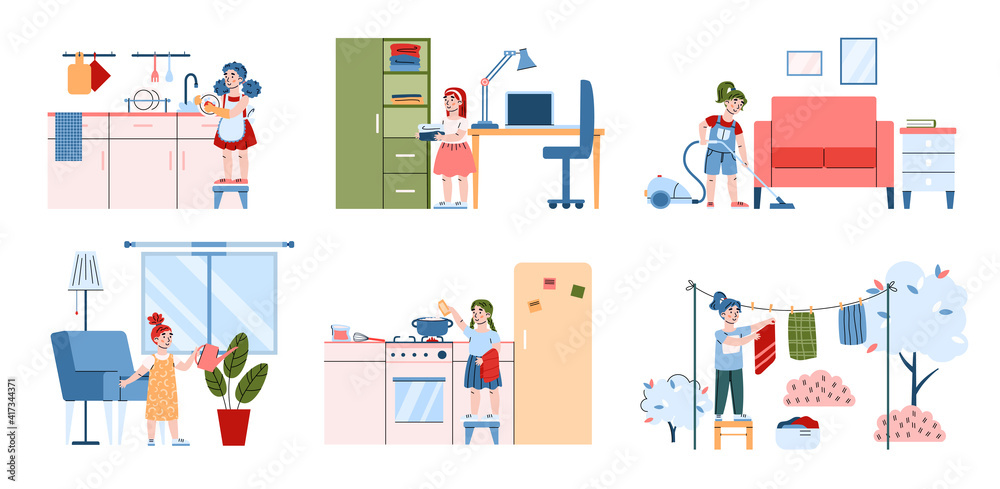 Kid girl busy with housework - home clean, washing dishes, watering plants, cooking and vacuuming. Set of cartoon child characters doing household. Flat vector illustrations. Kid girl busy with housework - home clean, washing dishes, watering plants, cooking and vacuuming. Set of cartoon child characters doing household. Flat vector illustrations.