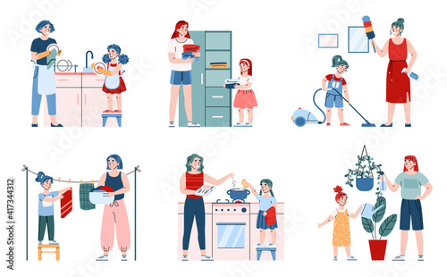 Cute little child girl helping her mother with household chores, cartoon vector illustration isolated on white background. Childrens responsibilities around the house.
