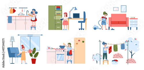 Kid girl busy with housework - home clean, washing dishes, watering plants, cooking and vacuuming. Set of cartoon child characters doing household. Flat vector illustrations.