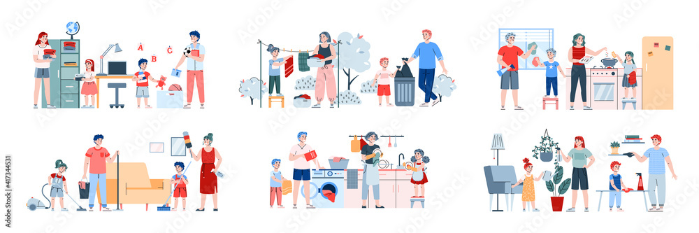 Obraz premium Children helping his parents with daily chores in house and garden, cartoon vector illustration isolated on white background. Kids household chores and help to family.