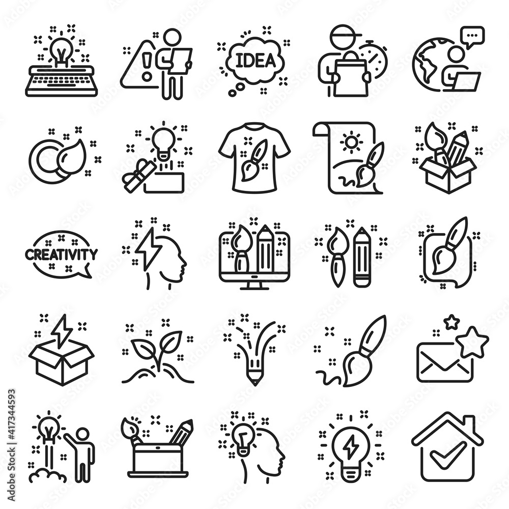 Creativity brush line icons. Set of Design, Idea and Inspiration linear icons. Imagination, Idea box and Creative design. Brush with draw pencil, T shirt and Out of the box creativity. Vector