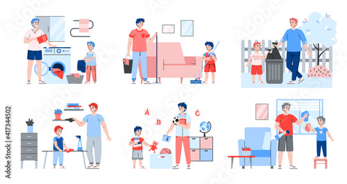 Set of father and son characters busy with chores in house and garden, cartoon vector illustration isolated on white background. Childrens household chores and help. © Kudryavtsev