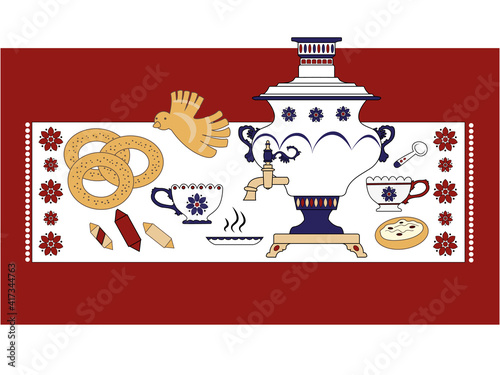 Russian traditional tea party with samovar and local sweets: pastry lark, kalach (bagels), vatrushka (cheesecake with raisins) and candies. Bright colorful vector illustration. Souvenirs from Moscow.
