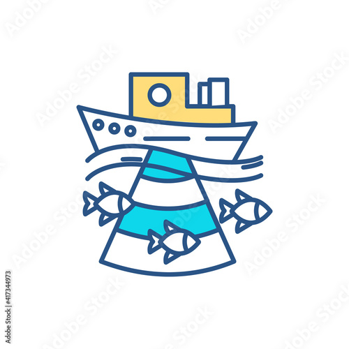 Oceanography RGB color icon. Oceanology. Marine life and ecosystems investigation. Ocean environment. Fisheries. Studying physical and biological ocean aspects. Isolated vector illustration