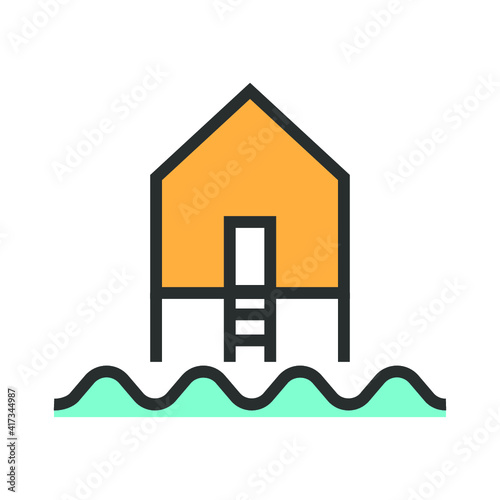 Vector illustration of summer holidays attributes on background. A boat storage building.	