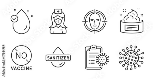 Coronavirus, No vaccine and Nurse line icons set. Skin cream, Vitamin e and Coronavirus report signs. Face detect, Hand sanitizer symbols. Infection, Covid-19 treatment, Medical mask. Vector