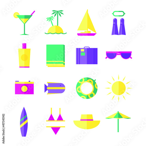 Vector illustrations set of summer holidays attributes on white background.	