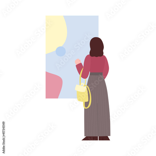 Woman in museum gallery looking at picture, flat cartoon vector illustration isolated on white background. Female character of art museum or exhibition visitor.