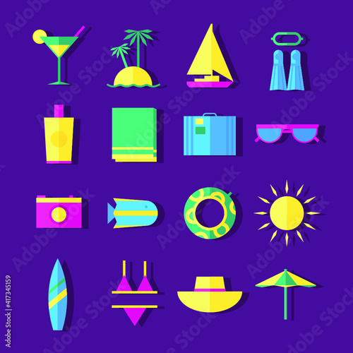 Vector illustrations set of summer holidays attributes on purple background.	
