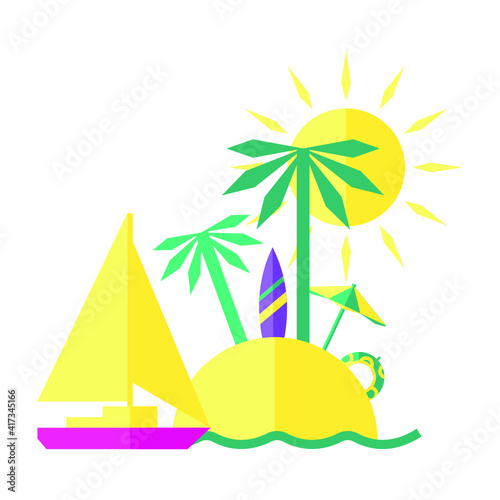 Vector illustration of travel and vocation icon on white background. An Island with palms on it.	