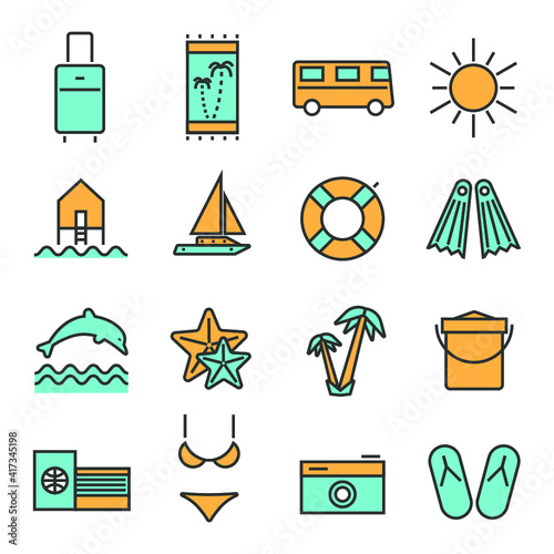 Vector illustrations set of summer holidays icons: suitcase, towel, bus, sun, building, ship, lifebuoy, flippers, dolphin, starfishes, palms, bucket, documents, swimmingsuit, camera.
