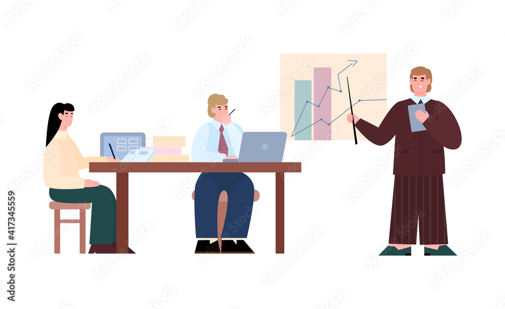 Team people conducts business negotiation, solve problems and exchanging ideas on work partnership meeting. Flat vector illustration isolated on white background.