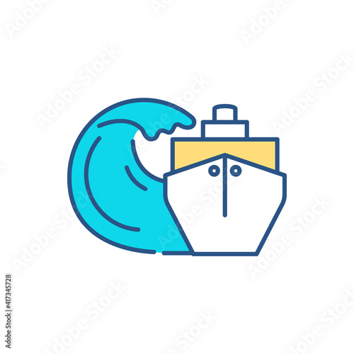 Hydrodynamic loads RGB color icon. Wave loading on offshore structures. Measuring ship-wave interaction. Hydrodynamic forces. Harbor protection. Breaking waves effects. Isolated vector illustration