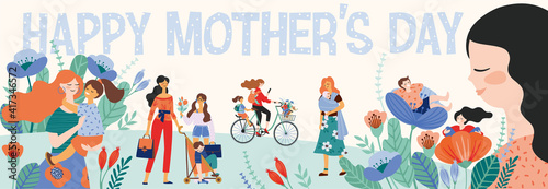Happy Mothers Day. Vector illustration with women and children.