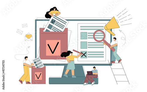 Internet voting concept. Modern system of electronic elections. Little flat people are voters, make decisions. Vector illustration on white background