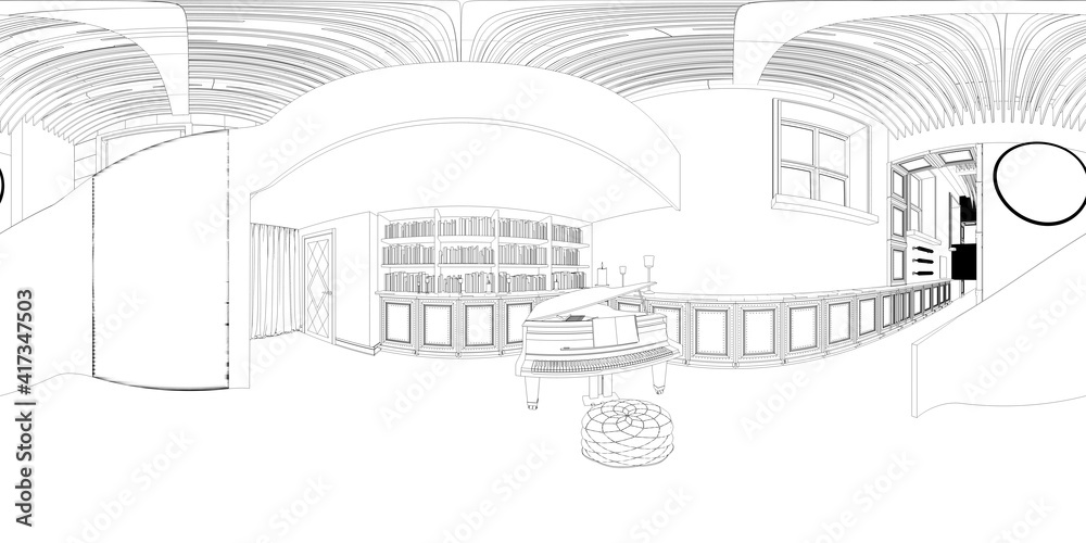 Fototapeta premium spherical panorama of the interior, contour visualization, 3D illustration, sketch, outline