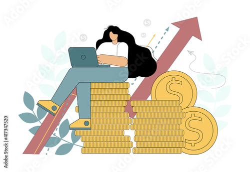 Financial success, consulting, investing. Successful business. Enrichment, multiplication of money. A girl with a laptop sits on a stack of coins. Flat vector illustration.