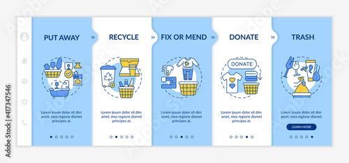 Emptying storage space onboarding vector template. Stages of cleaning apartment. Tools to declutter home. Responsive mobile website with icons. Webpage walkthrough step screens. RGB color concept