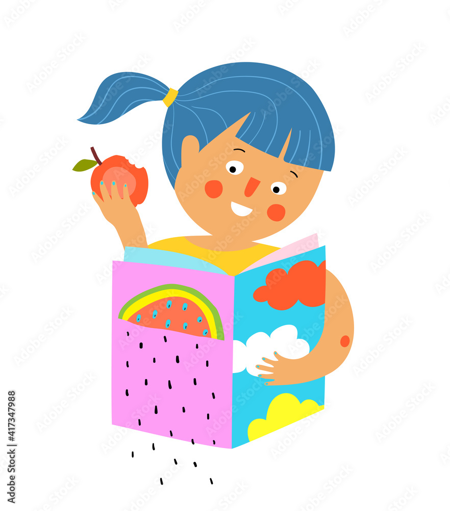 Girl reading book or studying and eating apple, icon style abstract design with simple shapes, flat colorful graphic cartoon. Modern abstract design. Vector style illustration. Girl reading book or studying and eating apple, icon style abstract design with simple shapes, flat colorful graphic cartoon. Modern abstract design. Vector style illustration.