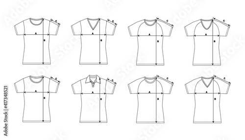 Set of fashion technical drawings with different T-shirts for women
