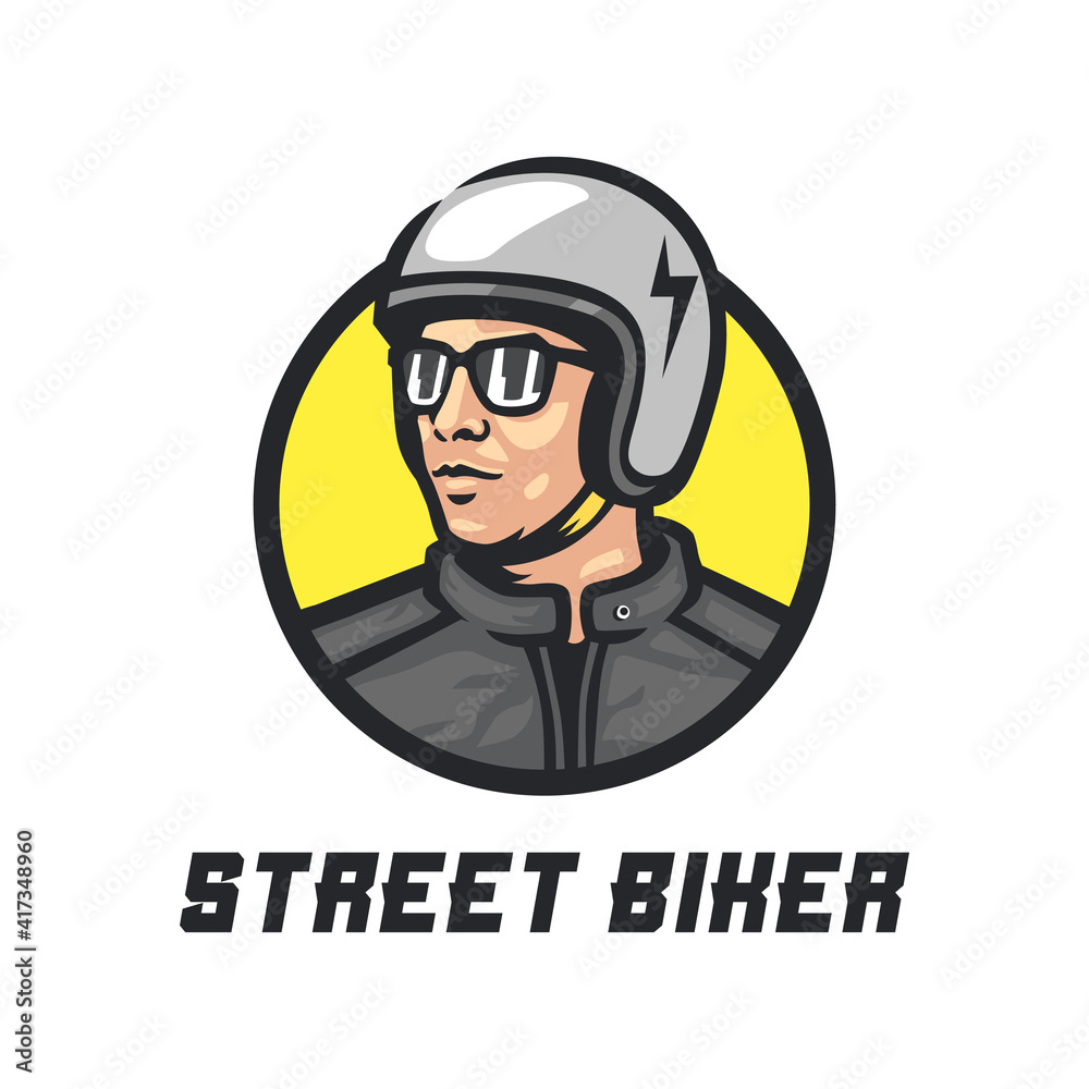 A man in a white helmet. Street biker logo template. A man in a white helmet. Street biker logo template.