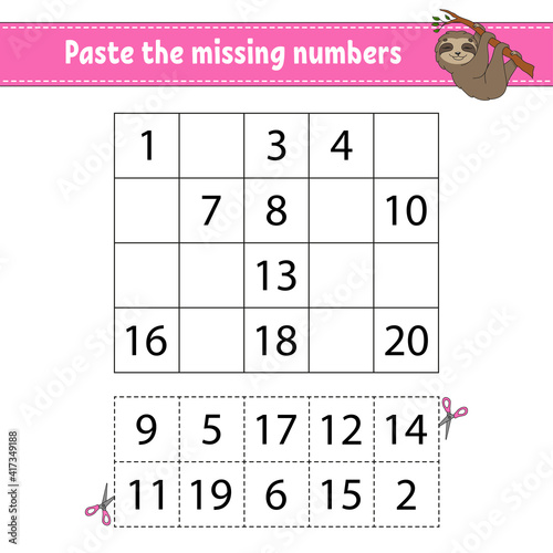 Paste the missing numbers 1-20. Game for children. Handwriting practice. Learning numbers for kids. Education developing worksheet. Activity page. Isolated vector illustration in cute cartoon style.
