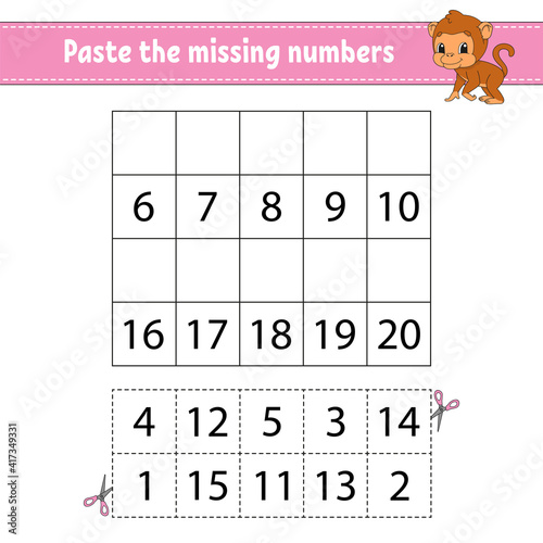 Paste the missing numbers 1-20. Game for children. Handwriting practice. Learning numbers for kids. Education developing worksheet. Activity page. Isolated vector illustration in cute cartoon style.