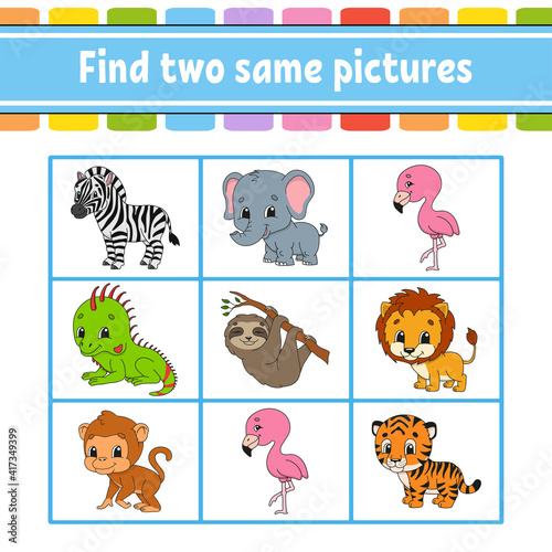 Find two same pictures. Task for kids. Education developing worksheet. Activity page. Color game for children. Funny character. Isolated vector illustration. Cartoon style.