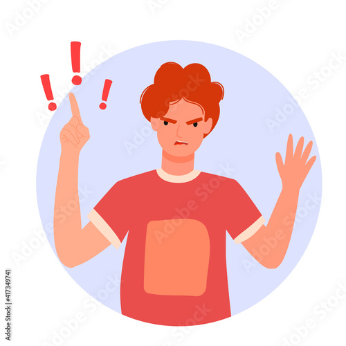 Young guy expressing emotion of anger, rage. resentment, disappointment. Vector illustration in modern flat style. Isolated on white background.