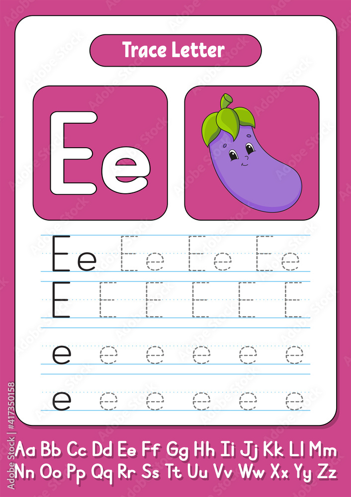 Writing letters. Tracing page. Practice sheet. Worksheet for kids. Learn alphabet. Cute character. Color vector illustration. Cartoon style. Writing letters. Tracing page. Practice sheet. Worksheet for kids. Learn alphabet. Cute character. Color vector illustration. Cartoon style.