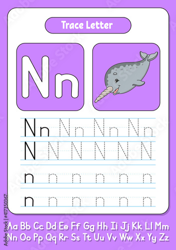 Writing letters. Tracing page. Practice sheet. Worksheet for kids. Learn alphabet. Cute character. Color vector illustration. Cartoon style.