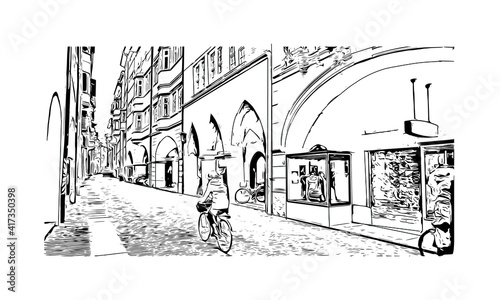 Building view with landmark of Bolzano is a city in the South Tyrol province of north Italy. Hand drawn sketch illustration in vector.