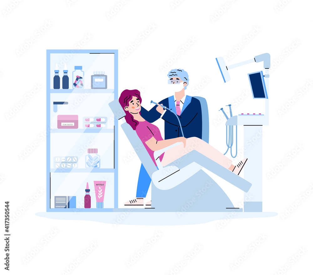 Dental clinic with male doctor examining or treating teeth to female patient in dentist chair. Medical stomatology service, dentistry and health care concept. Vector illustration