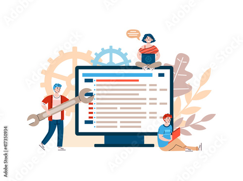 Process of development or code testing of software or websites. Team of IT-specialists or programmers coding applications and searching bugs. Flat isolated vector illustration.