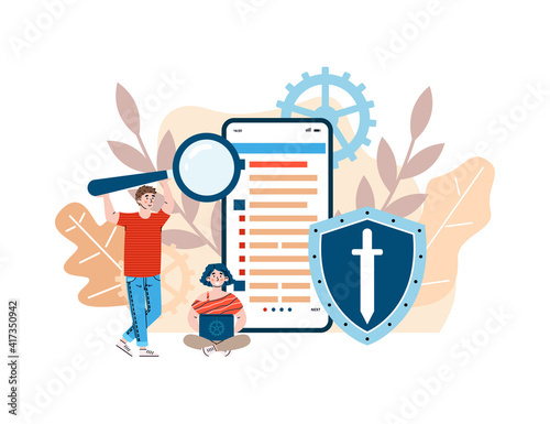 Unit testing, programming and development of software and application. Team of IT-specialists with laptop and magnifying glass searching and fixing bugs. Vector illustration.