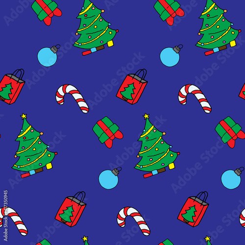Merry Christmas and Happy New Year vector seamless pattern. Cute illustration in doodle style. Candies, ball, fir tree and gifts. Creative print for clothes, web, greeting cards, gift wrap, design