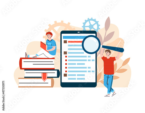 Unit testing, programming and development of software and application. Team of IT-specialists with laptop and magnifying glass searching and fixing bugs. Vector isolated illustration photo