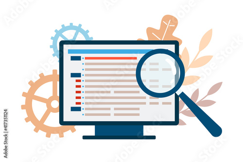 Computer with software code on display and magnifier checking arrows of program, cartoon vector illustration isolated on white background. Code testing and development.