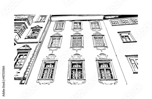 Building view with landmark of Bolzano is a city in the South Tyrol province of north Italy. Hand drawn sketch illustration in vector.